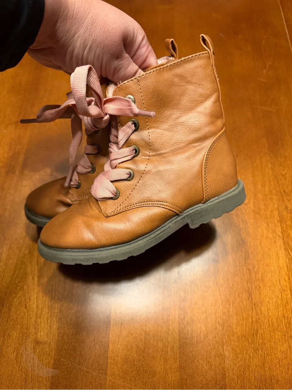 Cat & Jack Brown Kids Lace-Up Boots with Pink Ribbon Laces